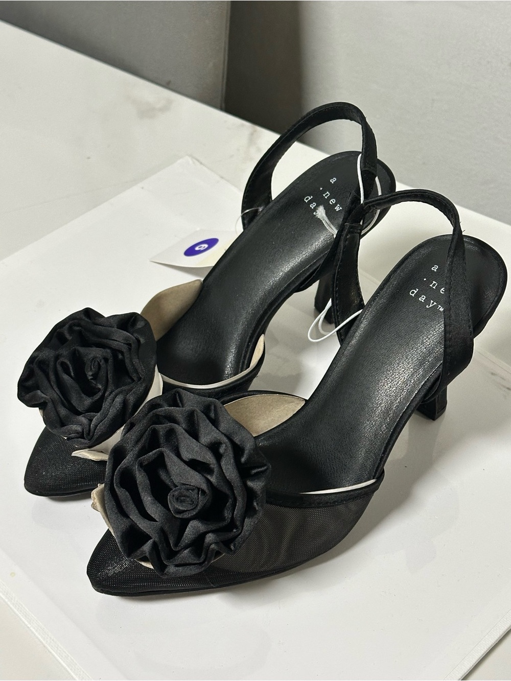 a new day Black Floral Slingback Heels with Rose Accent